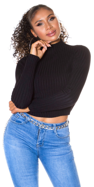 geribbelde col sweater-trui zwart